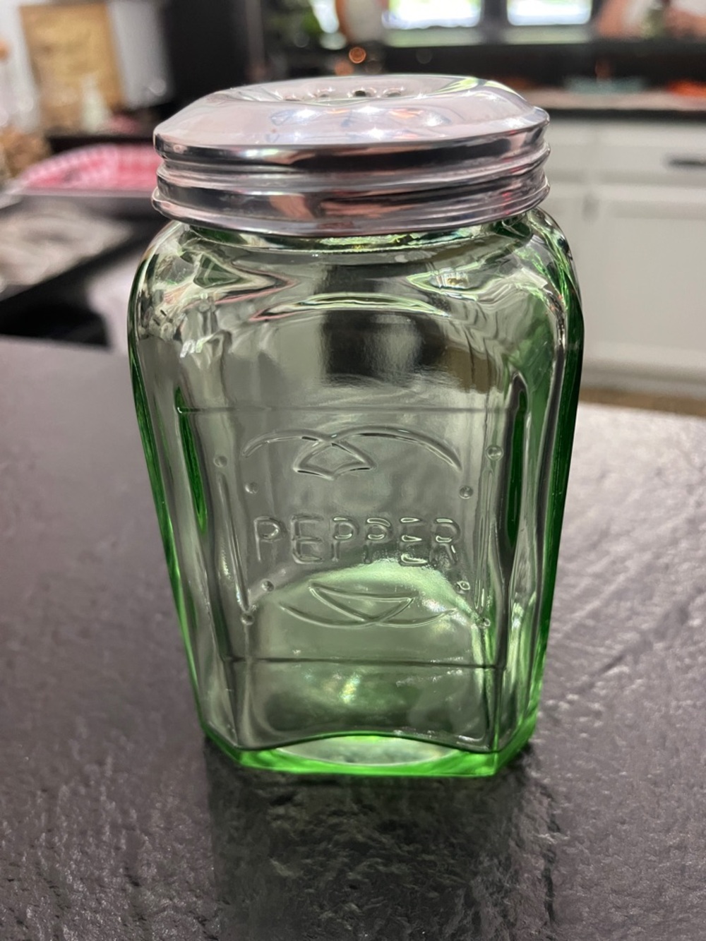 Green Glass Pepper Shaker Jar with Silver Lid
